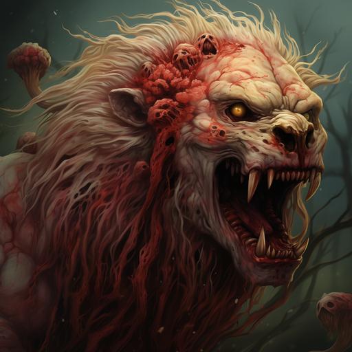 Lion zombie who has been take over by mushrooms realistic