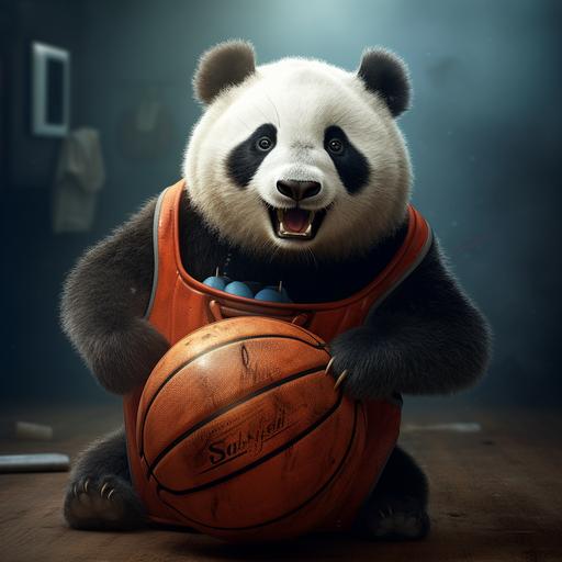 panda with basket ball, looks happy