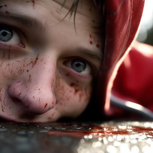 behind shot close up rack focus shot of a male teenager's face in a hoodie laying on the ground, black eye, red liquid from his nosein background in focus shot of a foot stomping on a walkman cd player smashing it, sidewalk cinematic scene, unreal engine, photo realistic, movie scene, daytime lighting