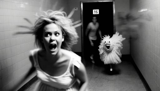 being chased by a chicken nuggets monster, pretty girls, 1970s, photography by Francesca Woodman, running in a locker room shower, photorealism --ar 16:9