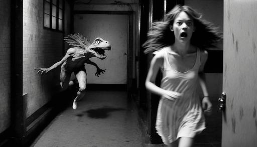 being chased by a dinosaur, pretty girls, 1970s, photography by Francesca Woodman, running in a locker room shower, photorealism --ar 16:9