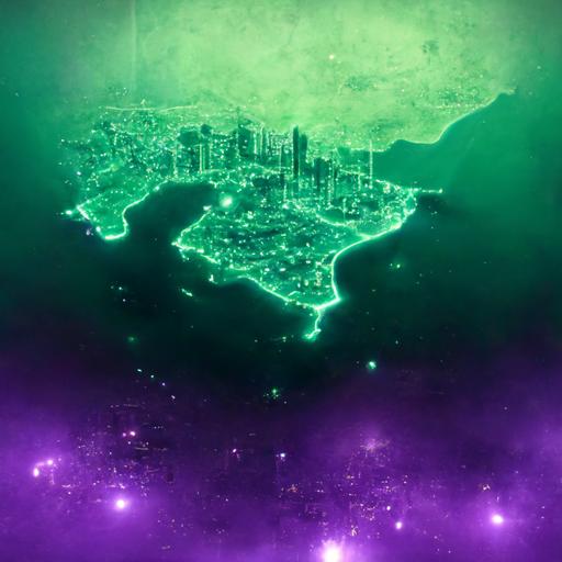 beirut city map expanding to the universe with green and purple vector treatment glowing