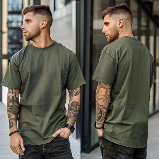 bella & canvas 3001c, Military green blank oversized t-shirt mockup, from front and back, close up to t-shirt center, man model, summer themes