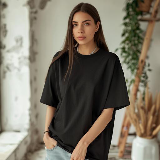 bella & canvas 3001c, black blank oversized t-shirt mockup, from front and back, close up to t-shirt center, women model, summer themes