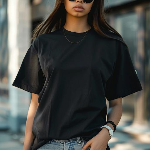 bella & canvas 3001c, black blank oversized t-shirt mockup, from front and back, close up to t-shirt center, women model, summer themes --v 6.0