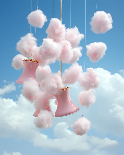bells and whistles made of cotton candy on a blue sky background --ar 8:10