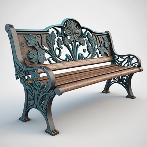 bench with wood seats and iron wroght details iron works decorative 3d 4k perfect form