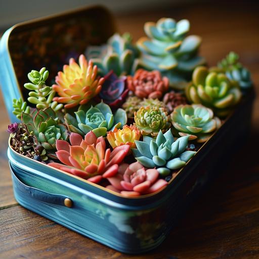bento box of succulents, colorful, highly stylized --no t-shirt, mockup, palette, deformity, words, text, signature, border, watermark --s 250 --v 6.0
