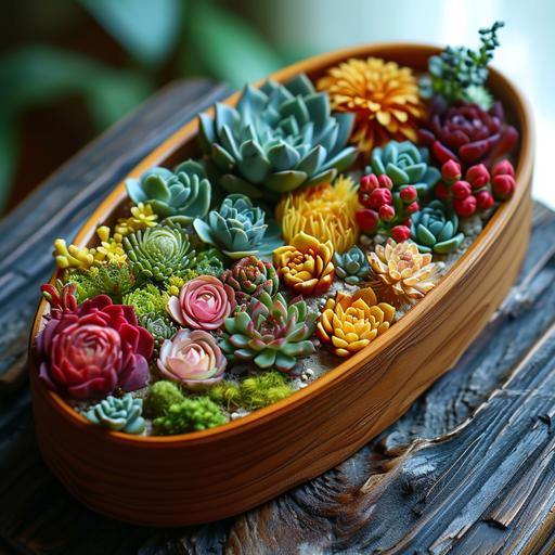 bento box of succulents, colorful, highly stylized --no t-shirt, mockup, palette, deformity, words, text, signature, border, watermark --s 250 --v 6.0