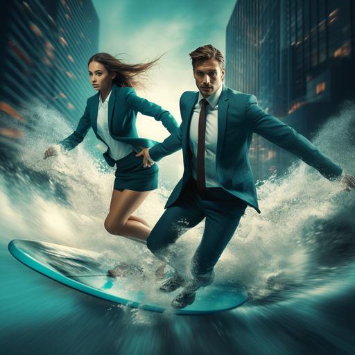 Photo of business couple surfing on turkis surfboards. Digital atmosphere. Colors #2bedab #080d3b #636ed1 #bfc2de