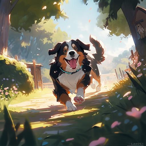 bernese dog running in the florest --niji 5 --style scenic