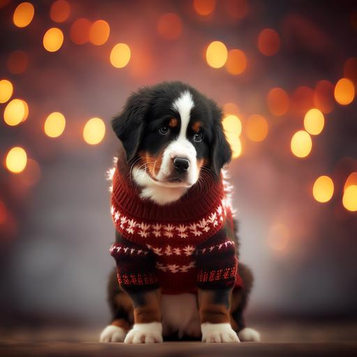 bernese mountain dog puppy in a christmas dog sweater, pixar style, bokeh, soft light, --q 3 --c 30