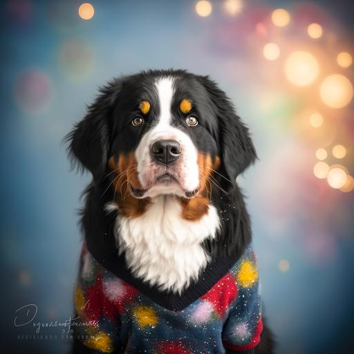 bernese mountain dog puppy in a christmas dog sweater, pixar style, bokeh, soft light, --q 3 --c 30