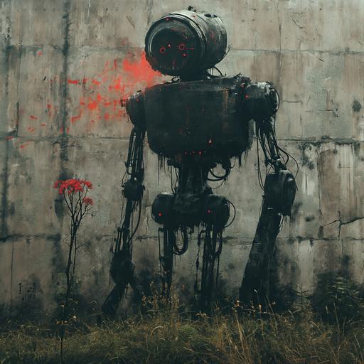 beutalist cyberpunk soviet russia dystopian future graffiti inspired by banksy, broken robots, concrete wall, dead flower, tank on fire, --v 6.0 --s 250 --style raw