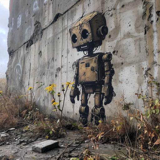 beutalist cyberpunk soviet russia dystopian future graffiti inspired by banksy, broken robots, concrete wall, dead flower, tank on fire, --v 6.0 --s 250 --style raw