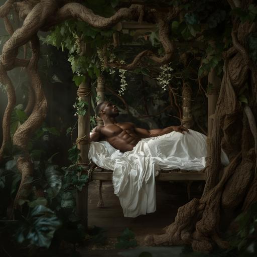 beutiful fit black man laying in a bed with wooden post and vines, white linens on bed, bed sits in the middle of a releastic forrest , enchanting and dreamy --v 6.0