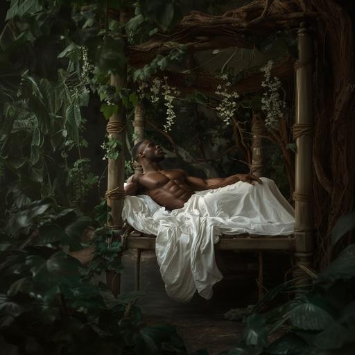 beutiful fit black man laying in a bed with wooden post and vines, white linens on bed, bed sits in the middle of a releastic forrest , enchanting and dreamy --v 6.0