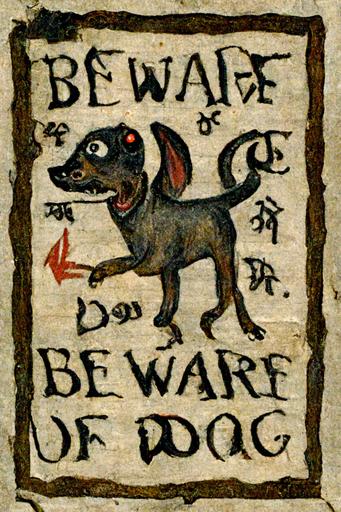 beware of dog sign, 14th century, 15th century, fantasy themed, warning, parchment, posted to a sign board --ar 2:3