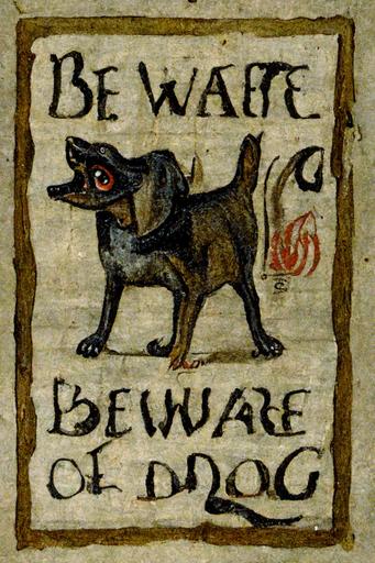 beware of dog sign, 14th century, 15th century, fantasy themed, warning, parchment, posted to a sign board --ar 2:3
