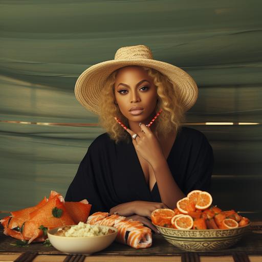beyonce eating sushi kani rolls little pieces