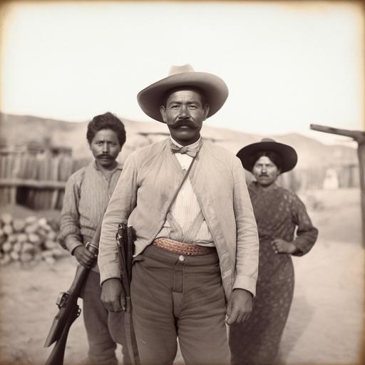 Color photograph, Pancho Villa smiling looking at the camera, Mexican revolution, with two angry women, dressed in jeans, tops, hats with weapons from the future, in Morocco, sunset landscape. Mamiya camera RB67, 28mm lens, shutter 1/100, F/11, ISO 400.