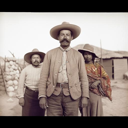 Color photograph, Pancho Villa smiling looking at the camera, Mexican revolution, with two angry women, dressed in jeans, tops, hats with weapons from the future, in Morocco, sunset landscape. Mamiya camera RB67, 28mm lens, shutter 1/100, F/11, ISO 400.