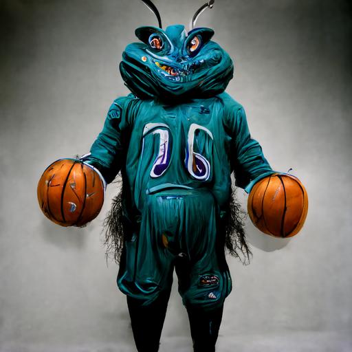 horrifying photorealistic Charlotte Hornets mascot, human in costume, full body, extreme detail