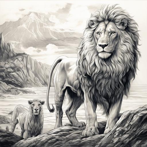 bible sketch depicting lion of judah and the lamb with a sea in the background and a mountain