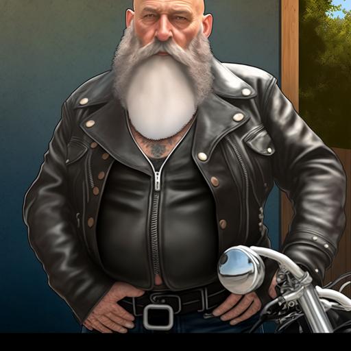 big bald bearded leatherman, bald head, almost white stache and big beard, black leather jacket, muircap, black rubber wife beater, black gauntlets, heavy belt around the waist, black leather motor cycle pants, high black Wesco boots Big Boss, depth in field effect, Realism, high resolution, HD, --v 4 --q 2