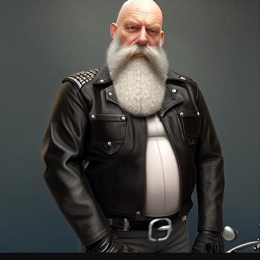 big bald bearded leatherman, bald head, almost white stache and big beard, black leather jacket, muircap, black rubber wife beater, black gauntlets, heavy belt around the waist, black leather motor cycle pants, high black Wesco boots Big Boss, depth in field effect, Realism, high resolution, HD, --v 4 --q 2