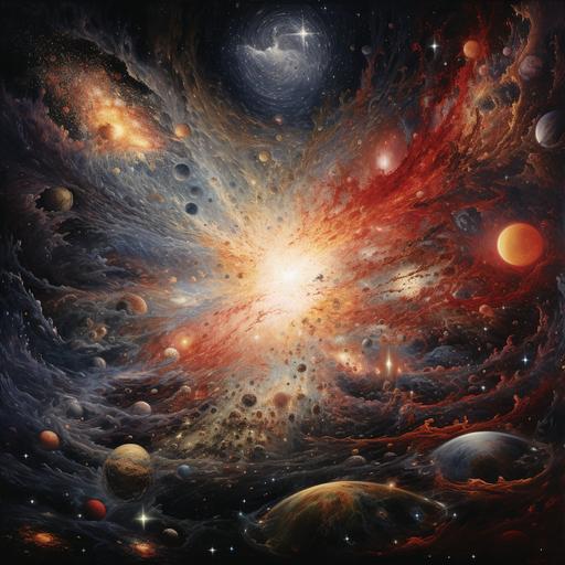 big bang, carbonated explosion of creation and the universe spilling out in all directions, constellations, animals, plants, planets, stars, solar systems, galaxies