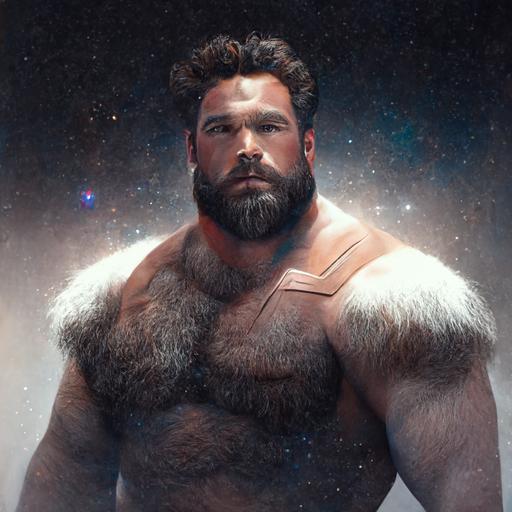 big, beefy, hairy men solo, cubs, masculine beard,ultrarealistic, space, white lights, science fiction, --v 4