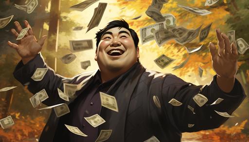 big-bellied Asian male gambler, Buddha-like, throwing money into the air at an outdoor park, illustration, --ar 7:4