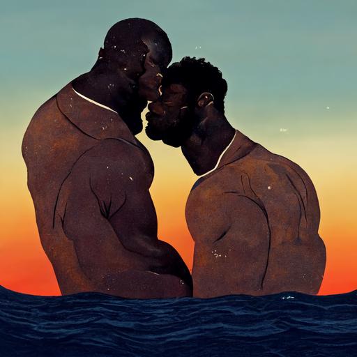 big, black, muscular, oily men kissing in sunset when whale poops on them