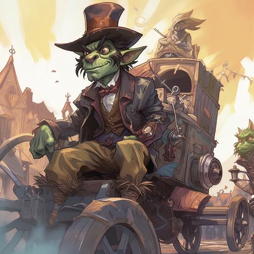 big brush strokes, goblin wearing a zoot suit, donkey drawn wagon in background, pathfinder, league of legends, illustrated graphic novel,