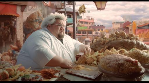 big fat Guy Fieri eating a town. Godzilla style modern, epic texture, wes anderson style, extra details, 4k, --ar 16:9 --s 750