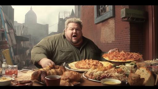 big fat Guy Fieri eating a town. Godzilla style modern, epic texture, wes anderson style, extra details, 4k, --ar 16:9 --s 750