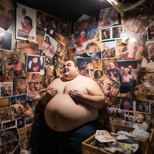 big fat guy in smelly basement surrounded by pictures of Ben Shapiro