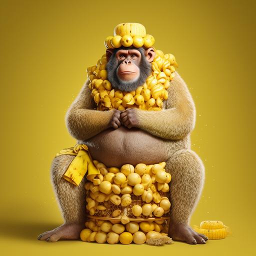 big fat monkey with banana pile wearing an outfit