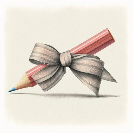 big fat pencil with eraser, bow tied around the center, sketch watercolor style