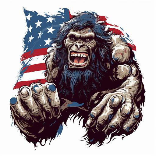big foot, bursting through american flag, cartoon, logo, patriotic, simple, right hand clenched and cocked back