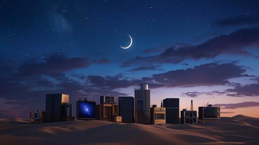 big home appliances ( LED TV , refrigerator, dishwasher, oven, air conditioner, etc ) placed nicely in desert dunes and sky with Ramadan crescent , ramadan night sky, Ramadan advertising key visual look and feel, super detailed pro retouched photo --v 6.0 --ar 16:9