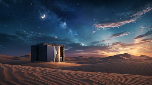 big home appliances ( LED TV , refrigerator, dishwasher, oven, air conditioner, etc ) placed nicely in desert dunes and sky with Ramadan crescent , ramadan night sky, Ramadan advertising key visual look and feel, super detailed pro retouched photo --v 6.0 --ar 16:9