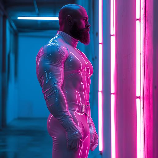 big massive muscle overweight bearded young male god of beauty , white latex suit, pink neon rays,ultra real style --s 340 --v 6.0 --style raw