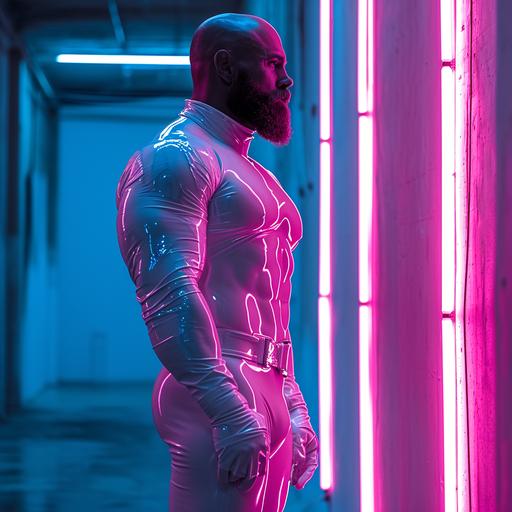 big massive muscle overweight bearded young male god of beauty , white latex suit, pink neon rays,ultra real style --s 340 --v 6.0 --style raw