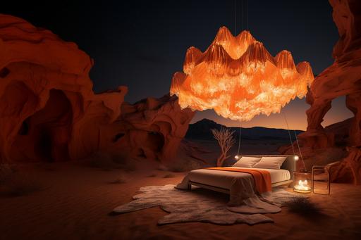 big paper chandelier, orange light, big bed with white sheets. In a desert at night. Photorealistic, hyper realistic, 8k — iw 2.5