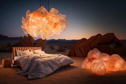 big paper chandelier, orange light, big bed with white sheets. In a desert at night. Photorealistic, hyper realistic, 8k — iw 2.5