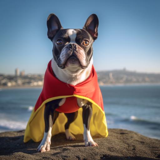 big separated eyes fat boston terrier dog wearing super hero cape in san fracisco golden gate and the ocean as a background. photo-realistic. Photo taken by Mario Testino with Canon EOS-1D X Mark III and EF 70-200mm f/2.8L IS III USM lens, Award Winning Photography style, Studio and Ambient light , 8K, Ultra-HD
