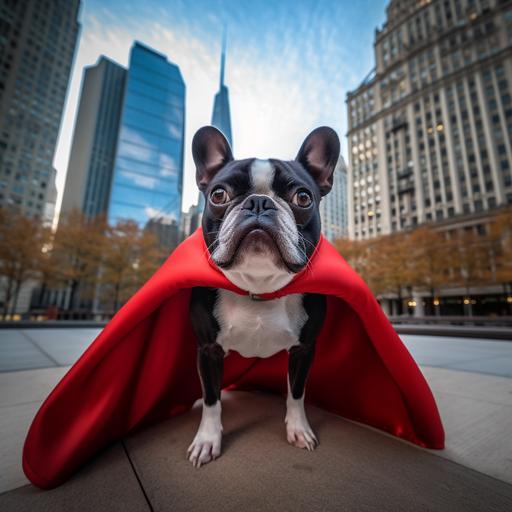 big separated eyes fat boston terrier dog wearing super hero cape in chicago bean as a background. photo-realistic. Photo taken by Mario Testino with Canon EOS-1D X Mark III and EF 70-200mm f/2.8L IS III USM lens, Award Winning Photography style, Studio and Ambient light , 8K, Ultra-HD