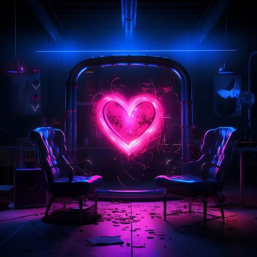 big studio speakers in a dark room lit with purple and blue lighting, neon pink open sign in the center above a heartbreak chair, blue fire coming out of speakers, 4K, phtorealistic